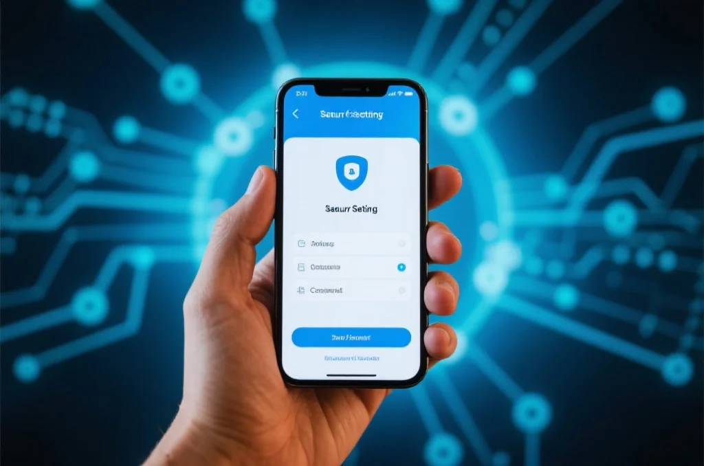 一只手握着智能手机，屏幕显示安全设置界面和双因素认证选项，背景为虚拟数据网络图