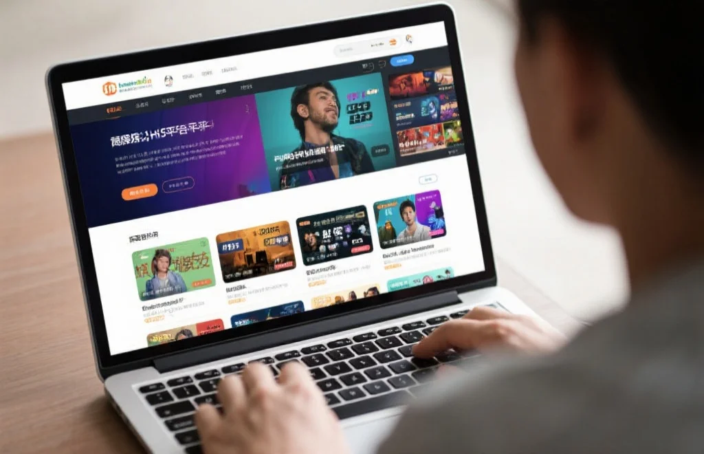 一位用户在笔记本电脑上轻松访问网页H5娱乐平台，屏幕显示丰富的娱乐内容版块