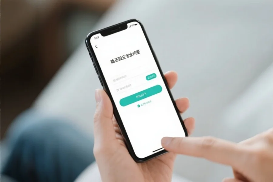用户在手机上输入验证码并设置安全问题，界面清晰简洁
