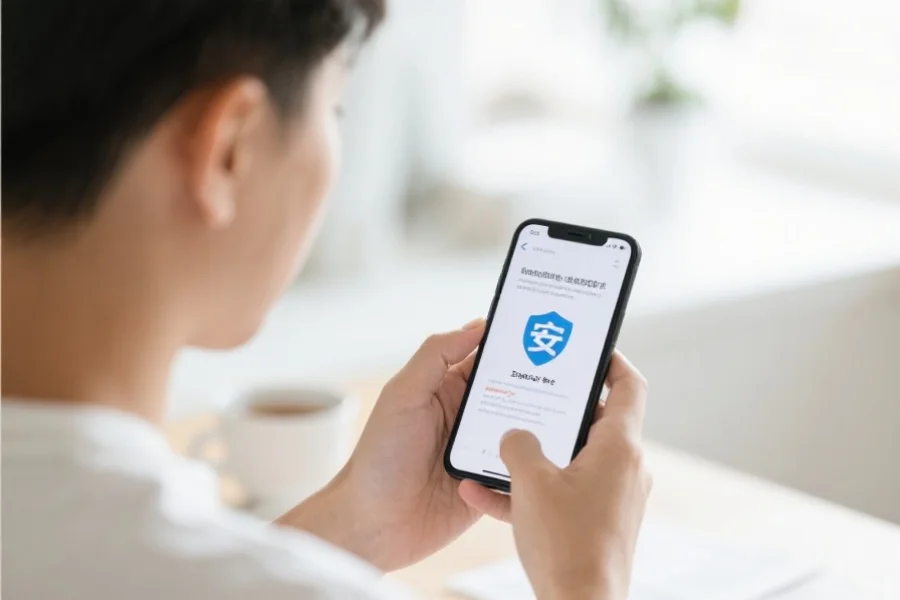 一位用户正认真阅读手机上的安全提示，身边环境明亮，体现安心氛围